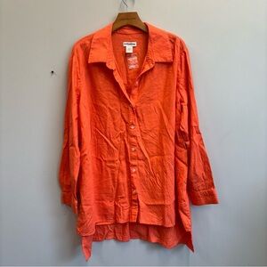 Feel Good Store Linen Blend 2X Tunic Button Down Shirt Orange Long sleeve